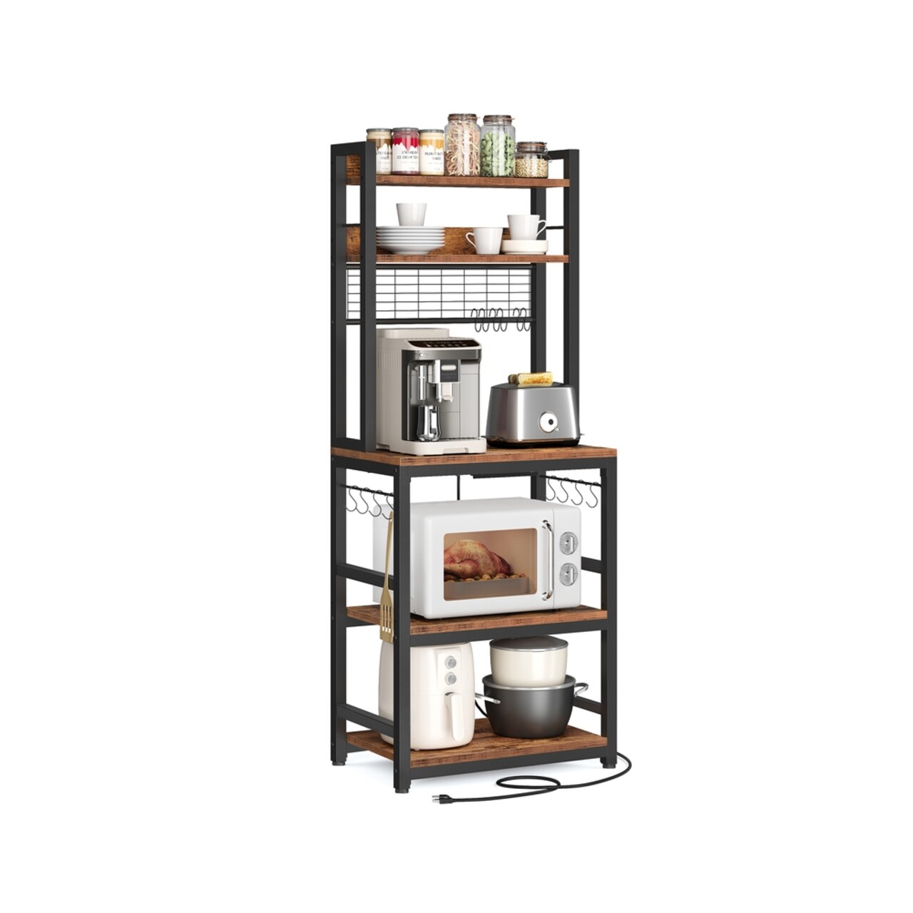 Kitchen Microwave Stand Bakers Rack with Power Outlet 5 Shelf Storage Hooks